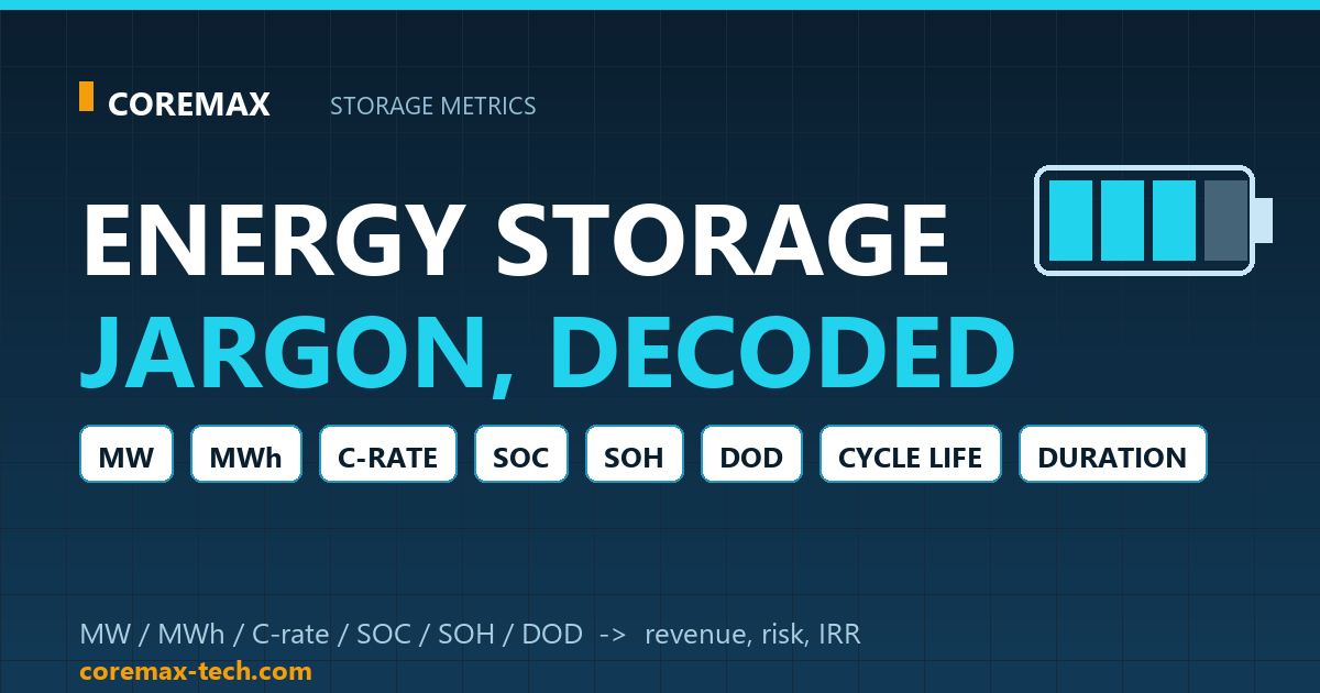 Energy storage metrics cheat sheet: MW, MWh, C-rate, SOC, SOH, DOD, cycle life and duration explained