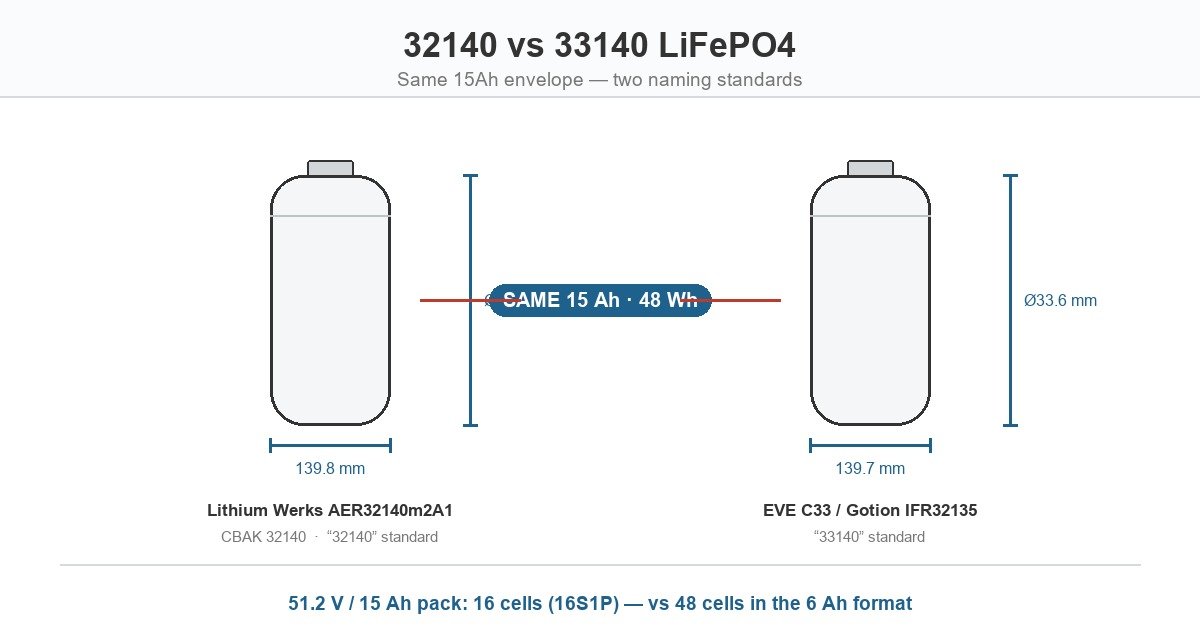 32140 vs 33140 LiFePO4 cells compared side by side: same 15Ah cylindrical envelope under two naming standards