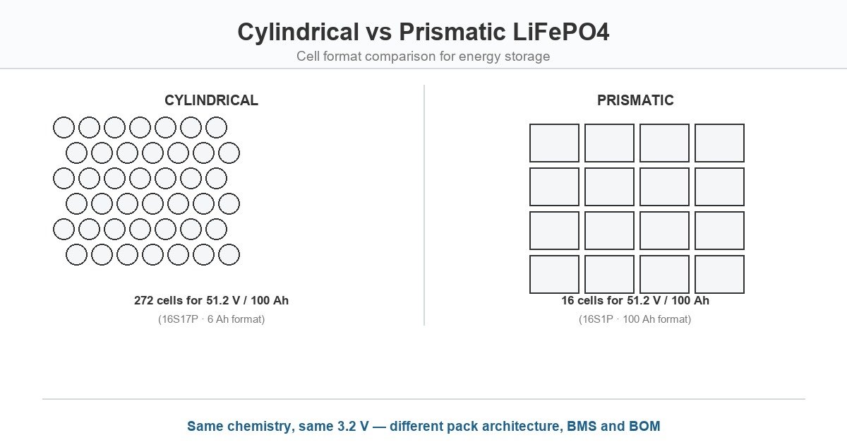 Cylindrical vs prismatic LiFePO4 cells compared for energy storage: 272 cylindrical cells versus 16 prismatic cells for a 51.2V 100Ah pack