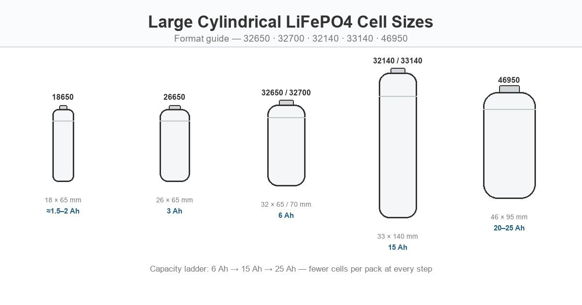 Large cylindrical LiFePO4 cell sizes ladder: 18650, 26650, 32650/32700, 32140/33140 and 46950 with dimensions and capacities