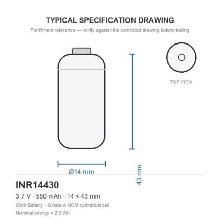 14430 lithium battery INR14430 550mAh 3.7V cylindrical cell dimension drawing