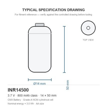 14500 lithium battery INR14500 800mAh 3.7V AA-size cylindrical cell dimension drawing