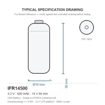 14500 LiFePO4 battery IFR14500 600mAh 3.2V 14x50mm cylindrical cell dimension drawing