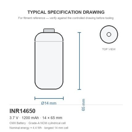 14650 lithium battery INR14650 1200mAh 3.7V 14x65mm cylindrical cell dimension drawing