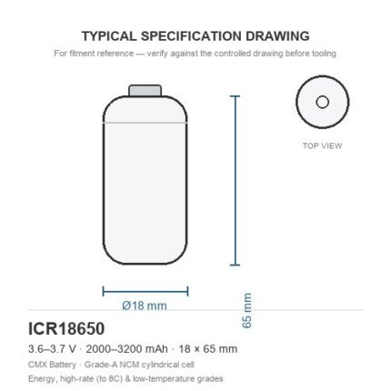 18650 lithium battery 2000-3200mAh 18x65mm cylindrical cell dimension drawing