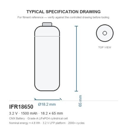 18650 LiFePO4 battery IFR18650 1500mAh 3.2V 18x65mm cylindrical cell dimension drawing