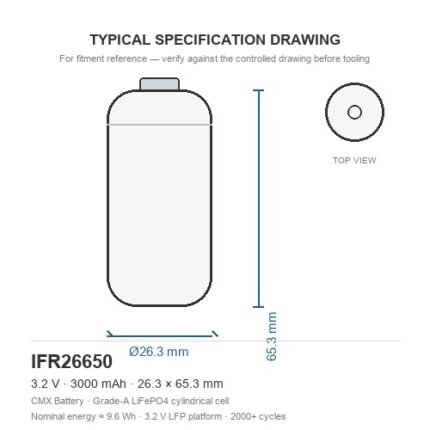 26650 LiFePO4 battery IFR26650 3000mAh 3.2V 26x65mm cylindrical cell dimension drawing