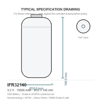 32140 LiFePO4 battery Lithium Werks AER32140m2A1 CBAK 15Ah 3.2V 33x140mm cylindrical cell dimension drawing