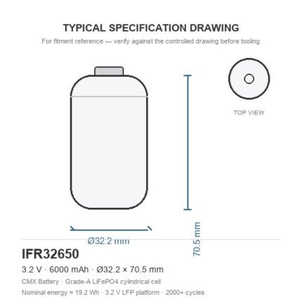 32650 LiFePO4 battery IFR32650 6000mAh 3.2V 32x70.5mm cylindrical cell dimension drawing