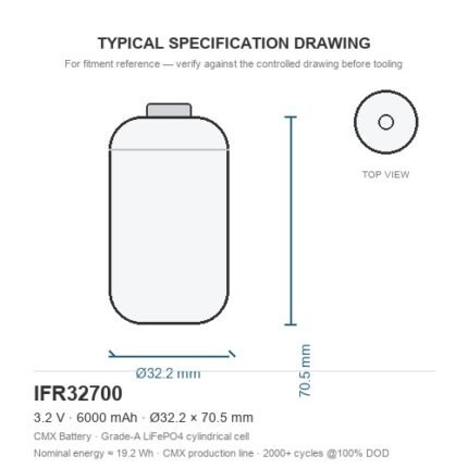 32700 LiFePO4 battery IFR32700 6000mAh 3.2V 32.2x70.5mm cylindrical cell dimension drawing