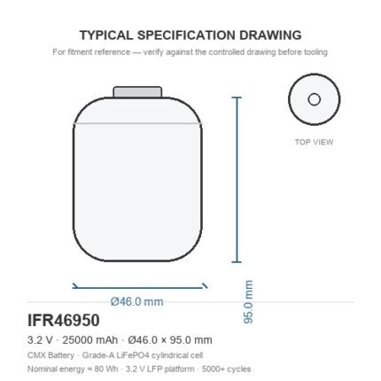 46950 LiFePO4 battery IFR46950 CHAM 46950S25E 25Ah 3.2V 46x95mm cylindrical cell dimension drawing